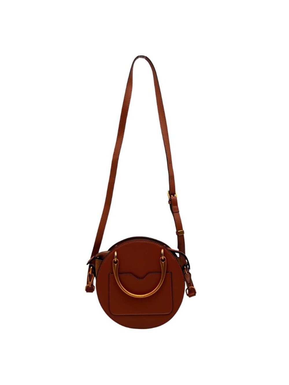 Round Leather Crossbody Bag With Gold Handles And Adjustable Strap Brown & Suede - Picture 3 of 14